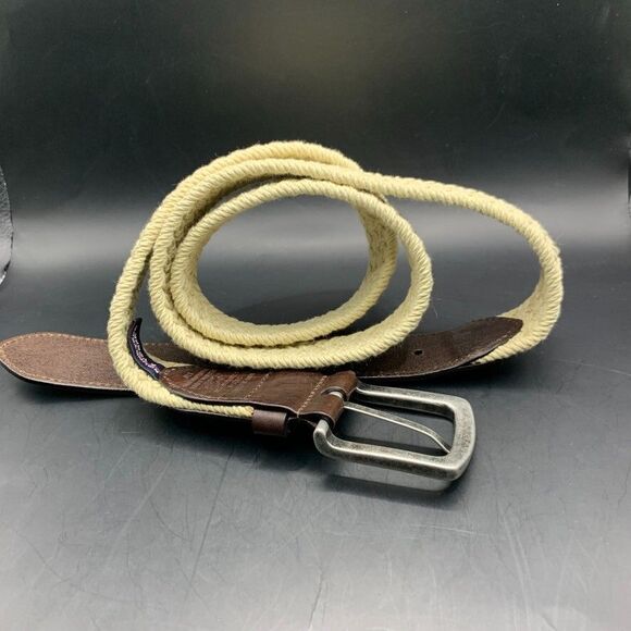 Roundtree Yorke Mens belt 44 110 Leather Beige Tan Cotton Webbing Woven Casual - Picture 7 of 7